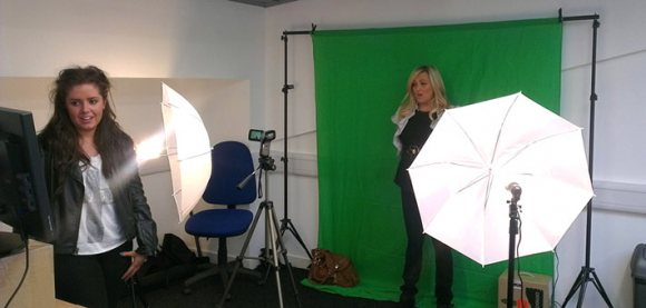 Emma and Laura doing a spot of filming using our in-house green screen