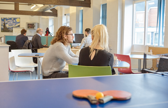 Hannah and Greg are talking a well-earned Tea break as they discuss SEO plans in our breakout area.